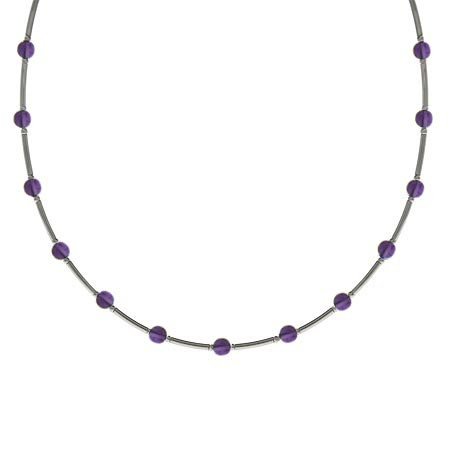Sterling Silver .925 Genuine Amethyst Stone Bar and Bead Necklace N4116CBA