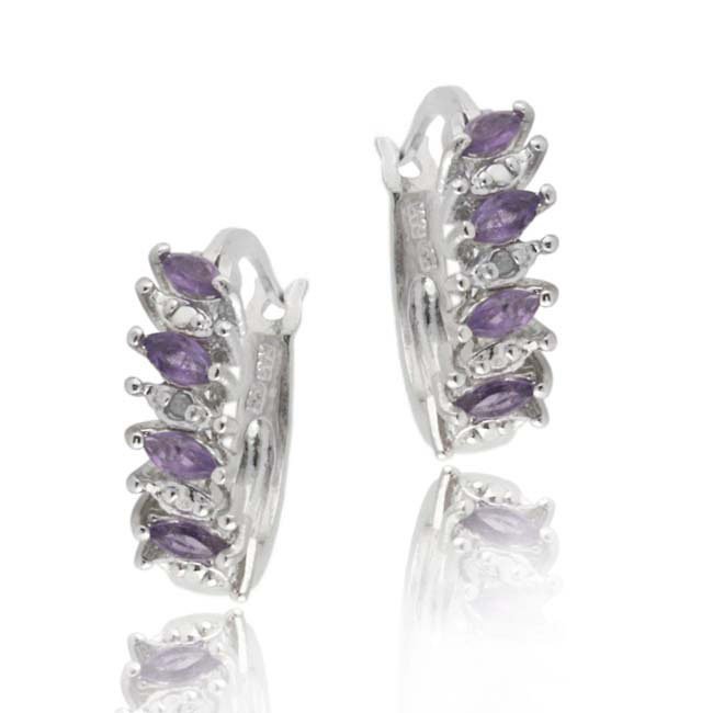 Sterling Silver .925 Genuine Amethyst Stone Marquise Cut Genuine Diamond Accent Hoop Earrings E9773A
