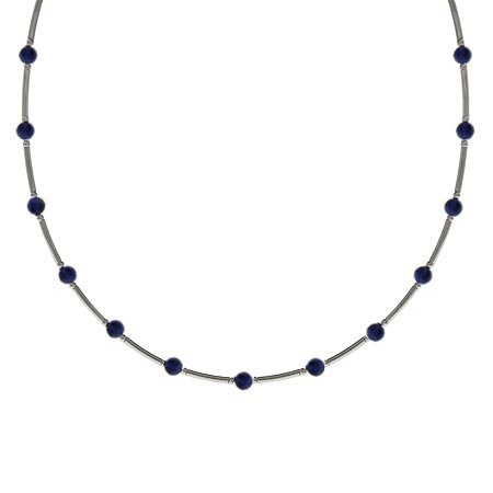 Sterling Silver .925 Genuine Denim Lapis Stone Bar and Bead Necklace N4116LP