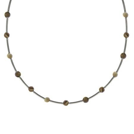 Sterling Silver .925 Genuine Desert Jasper Stone Bar and Bead Necklace N4116DJ