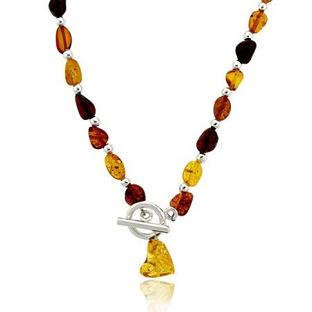 Sterling Silver .925 Genuine Honey Brown Amber Stone Chip Bead Toggle Necklace N9586M