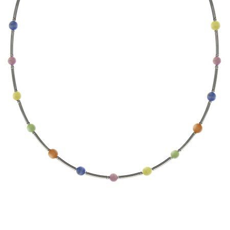 Sterling Silver .925 Multi Color Pastel Glass Cats Eye Stone Bar and Bead Necklace N4116M12