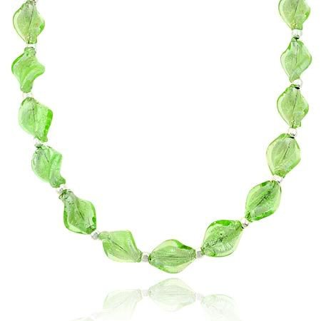 Sterling Silver .925 Spring Green Twisted Glass Foil Bead Round Glitter Necklace N9480M21