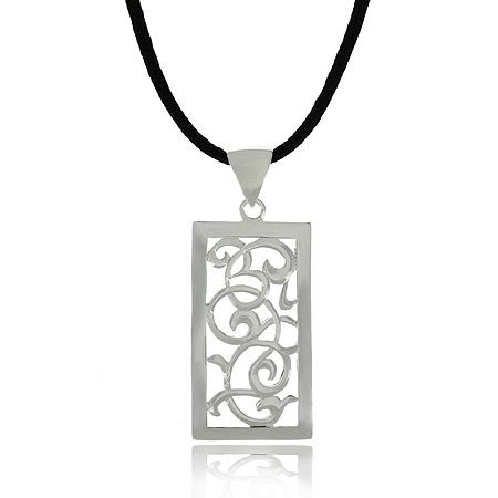 Sterling Silver .925 Vine Design Filigree Rectangle Silk Cord Pendant P10214
