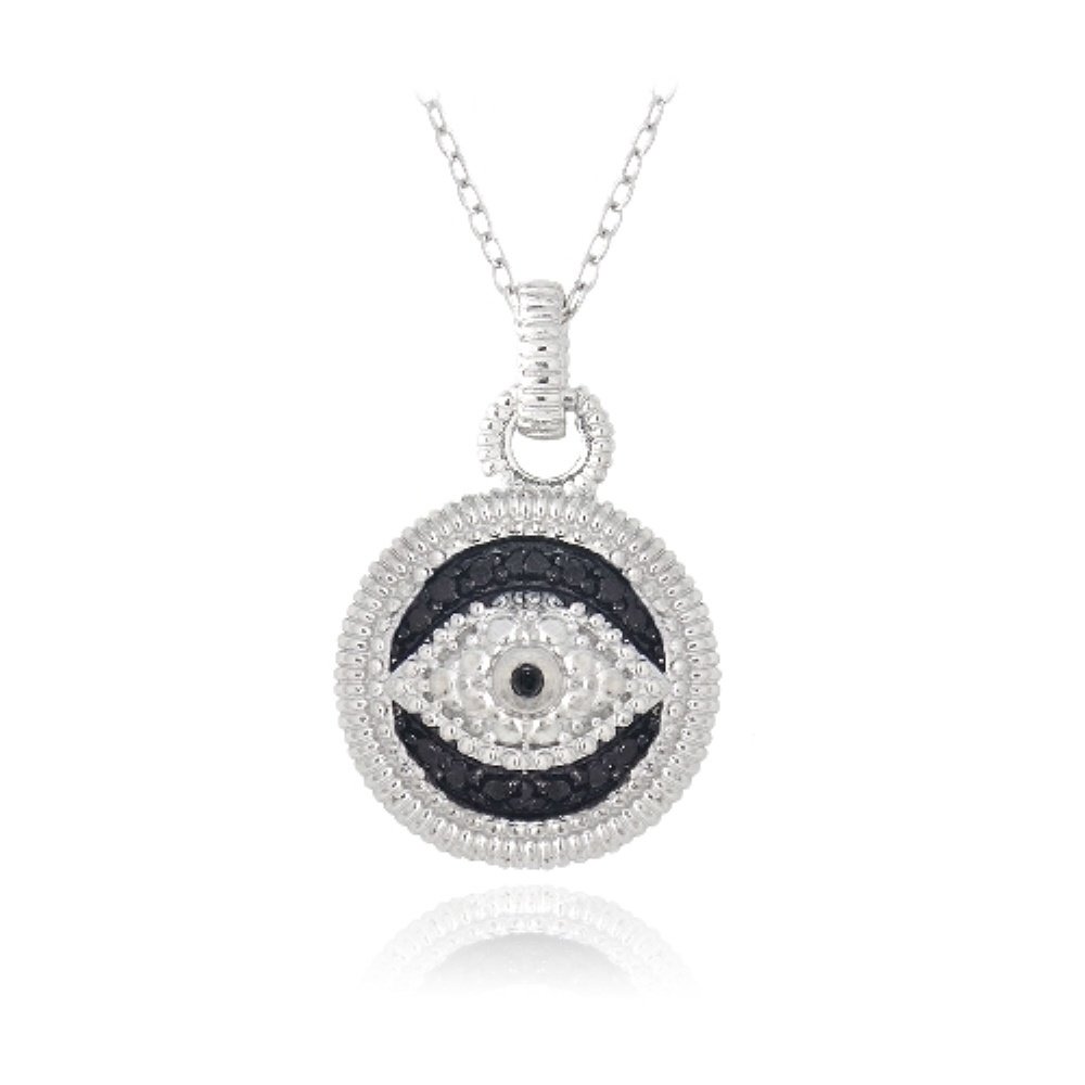 Sterling Silver 1-10ct Black Diamond Round Evil Eye Necklace P13258M4