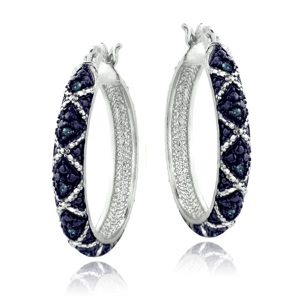 Sterling Silver 1-10ct Blue Diamond Criss-Cross Hoop Earrings H13465M10