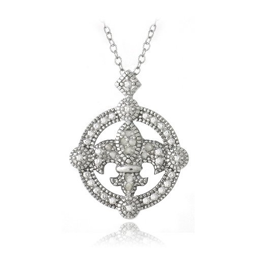 Sterling Silver 1-10ct Diamond Fleur De Lis Round Filigree Necklace P13273