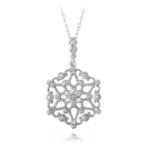 Sterling Silver 1-10ct Diamond Flower Filigree Dangle Necklace P13280