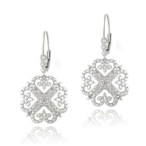 Sterling Silver 1-10ct Diamond Heart Clover Filigree Dangle Earrings E13279