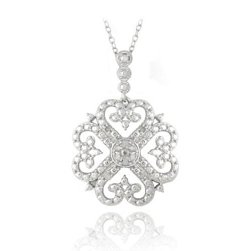 Sterling Silver 1-10ct Diamond Heart Clover Filigree Dangle Necklace P13279
