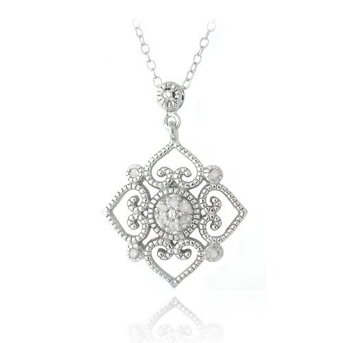 Sterling Silver 1-10ct Diamond Heart Flower Filigree Dangle Necklace P13281