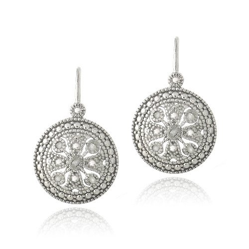 Sterling Silver 1-10ct Diamond Round Filigree Leverback Earrings E13272