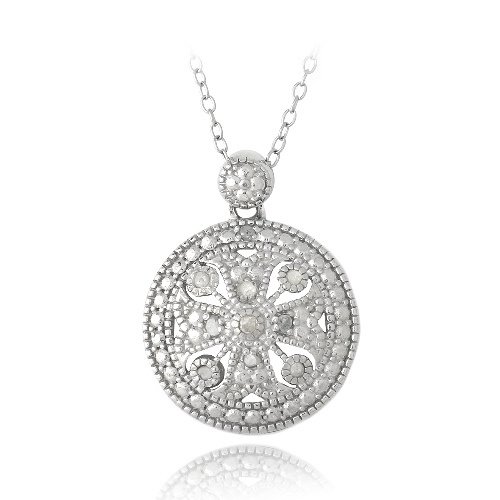 Sterling Silver 1-10ct Diamond Round Filigree Necklace P13272