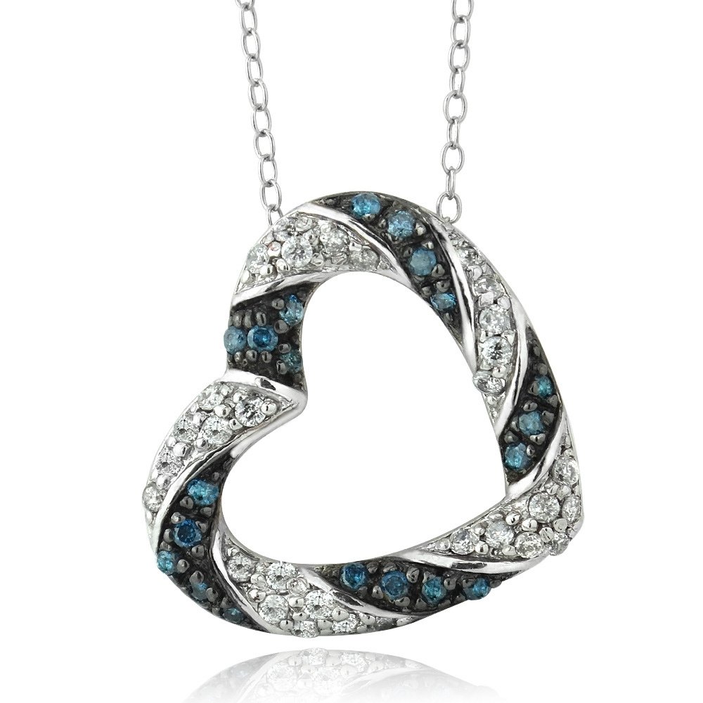Sterling Silver 1-2 Ct Blue & White Diamond Open Heart Necklace P13827M3