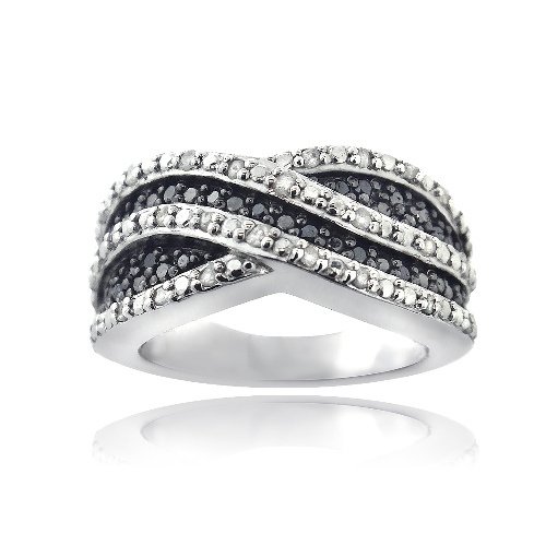 Sterling Silver 1-2ct Black & White Diamond Crossover Wave Band Ring R13791M-5