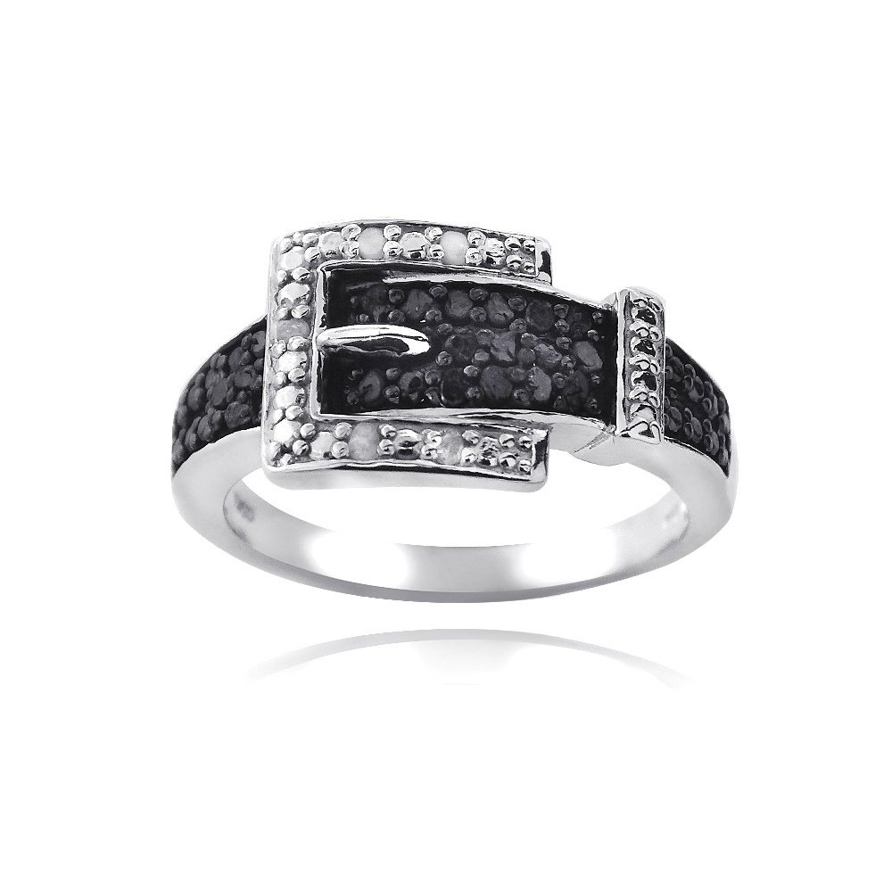 Sterling Silver 1-4ct Black & White Diamond Belt Buckle Ring R13793M-6