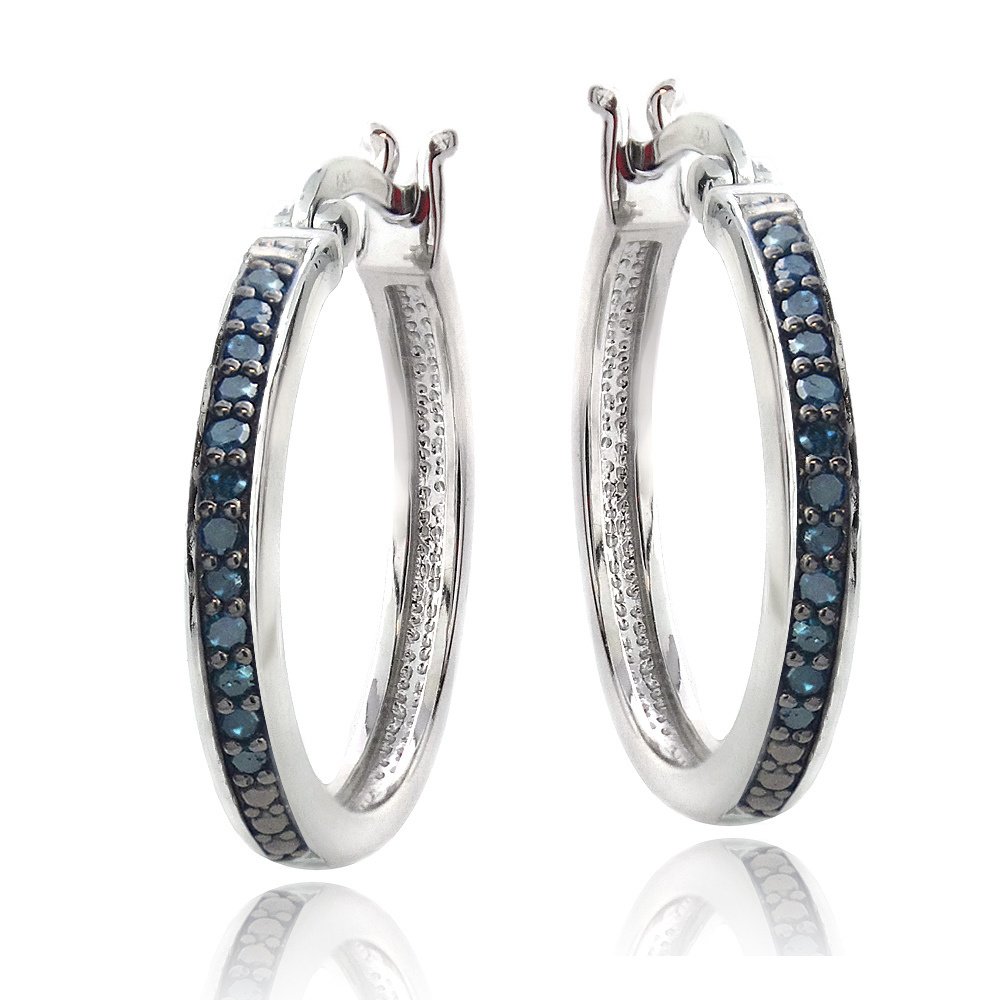 Sterling Silver 1-4ct Blue Diamond 20mm Hoop Earrings H13610M10