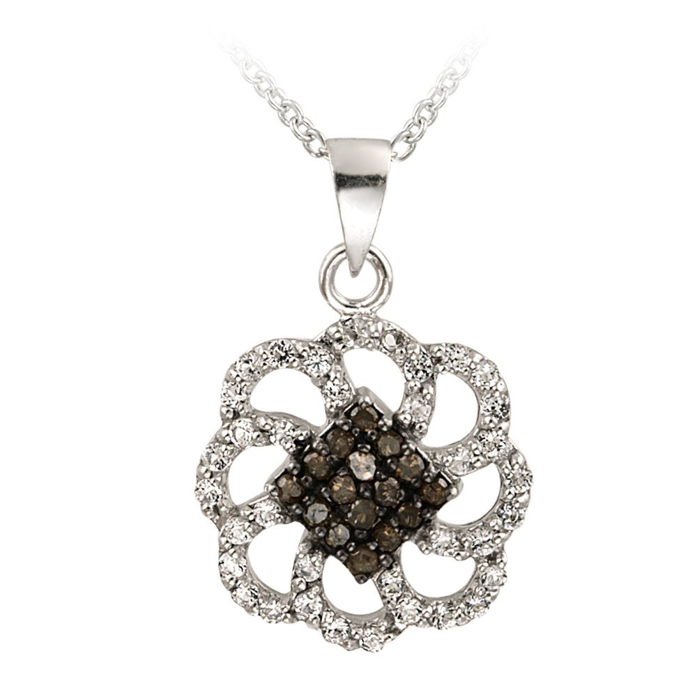 Sterling Silver 1-6ct Champagne Diamonds & White Topaz Swirl Flower Necklace P12569M15