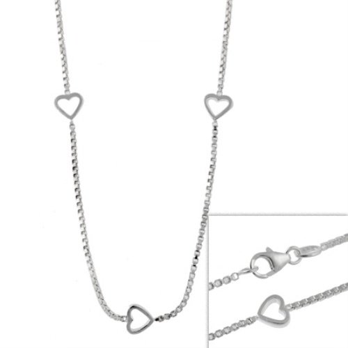 Sterling Silver 1mm Italian Box Chain Necklace w- Heart Stations N10930-16