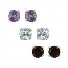 Sterling Silver 3mm Amethyst, Blue Topaz, Garnet Stud Earrings Set S12008M2
