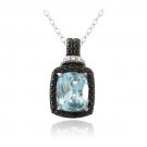 Sterling Silver 4ct Blue Topaz & Black Diamond Accent Rectangle Necklace P13503BT