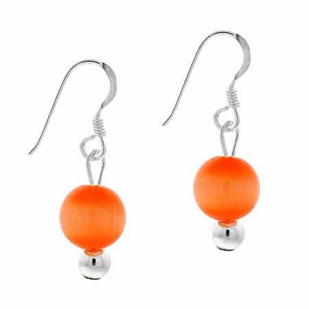 Sterling Silver 6mm Orange Cats Eye Bead Dangle Earrings E9082OR