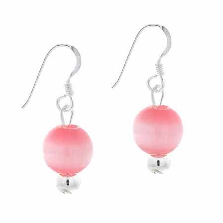 Sterling Silver 6mm Pink Cats Eye Bead Dangle Earrings E9082PK
