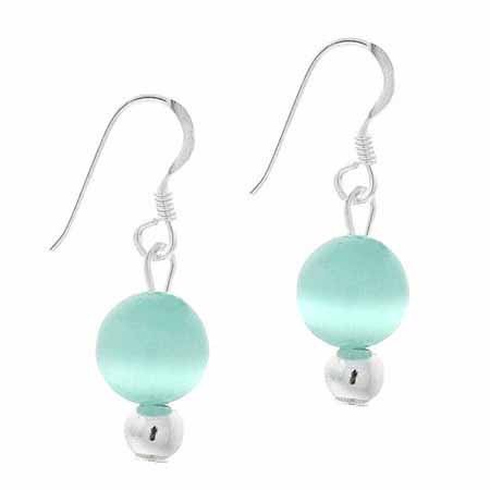 Sterling Silver 6mm Teal Cats Eye Bead Dangle Earrings E9082TL