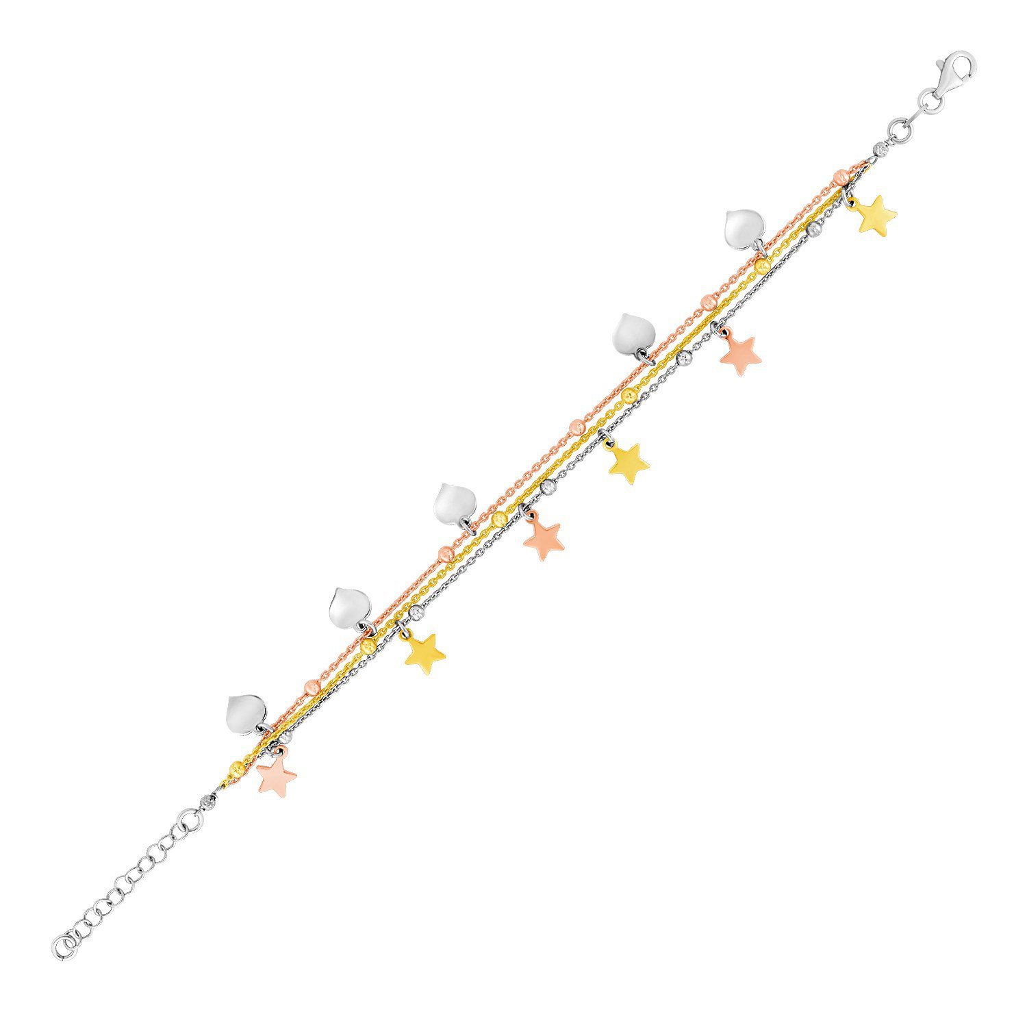 Sterling Silver 7 1-2 inch Three Toned Bracelet with Polished Hearts and Stars