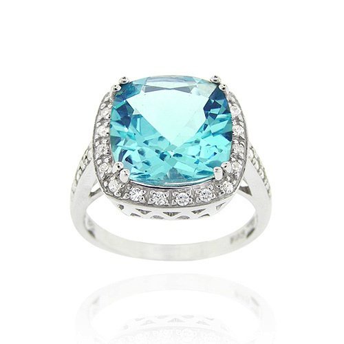 Sterling Silver 7.55ct Blue Topaz & CZ Square Cocktail Ring Size 6 R11857BT-6