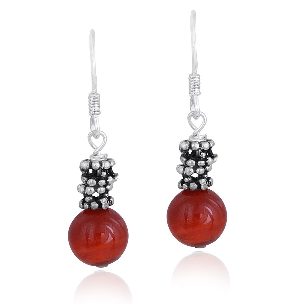 Sterling Silver 8mm Carnelian Stone Bali Bead Dangle Earrings E9785CA