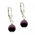 Sterling Silver 8mm Purple Cats Eye Bead Lever-Back Earrings E9832PU