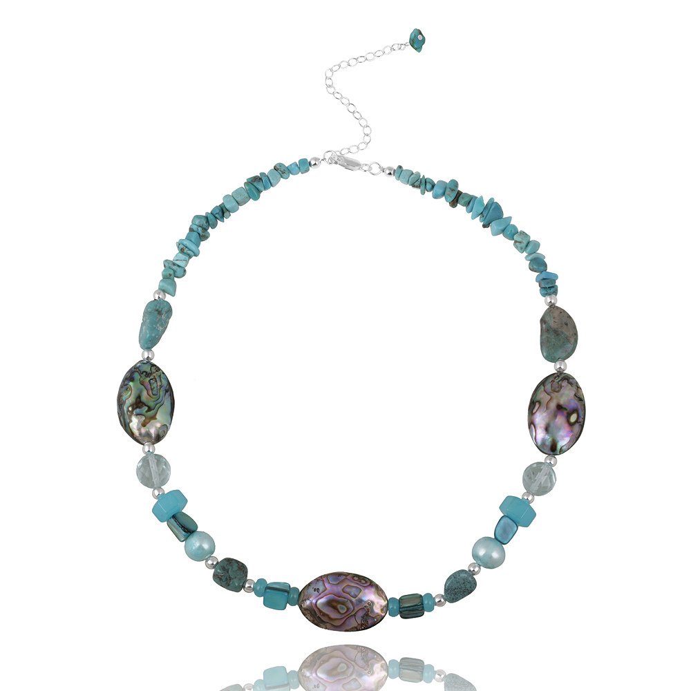 Sterling Silver Abalone, Pearl, Created Turquoise Chips & Nuggets Fashion Necklace N12333M