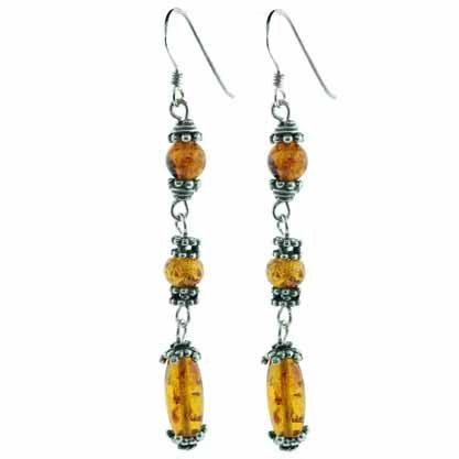 Sterling Silver Amber & Bali Bead Dangle Earrings E4746AR