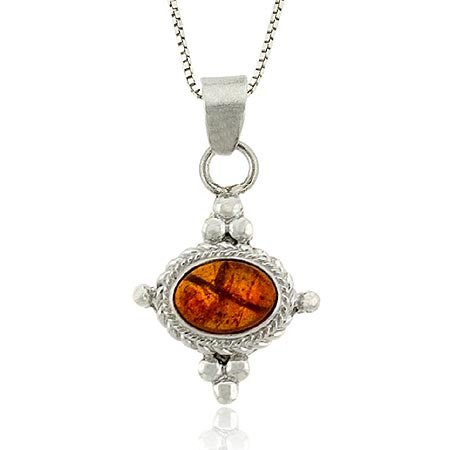 Sterling Silver Amber East West Bali Bead Oval Pendant P8627AR