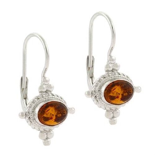 Sterling Silver Amber Stone & Bali Bead LeverBack Earrings E9896AR