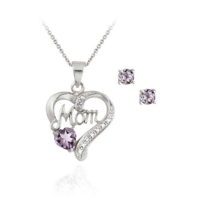 Sterling Silver Amethyst & Diamond Accent MOM Heart Pendant and Earrings Set S10843A