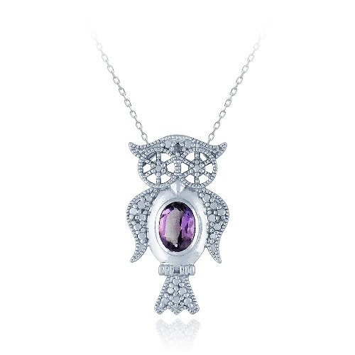 Sterling Silver Amethyst & Diamond Accent Owl Necklace P12710A