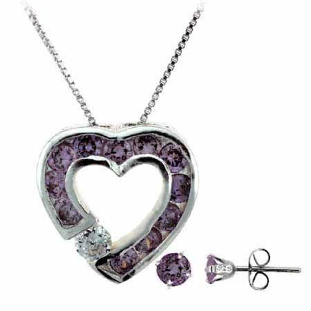 Sterling Silver Amethyst CZ Heart Pendant and Stud Earrings Set S4902AZ