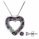 Sterling Silver Amethyst CZ Heart Pendant and Stud Earrings Set S4902AZ