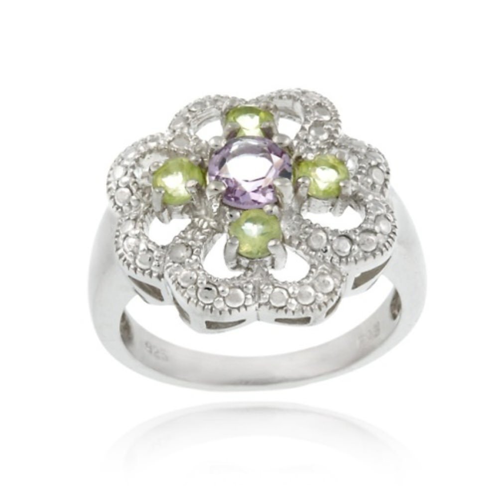 Sterling Silver Amethyst, Peridot and Diamond Accent Flower Design Ring R11363M-9