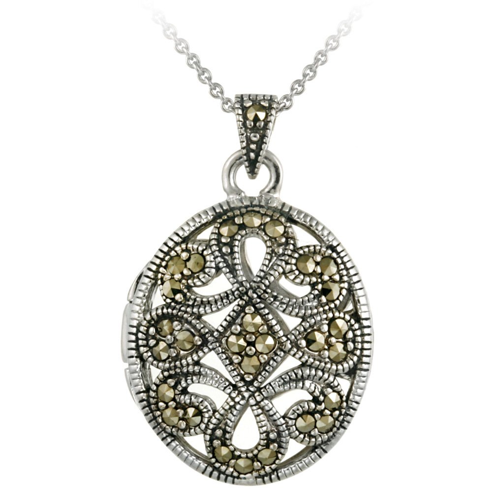 Sterling Silver Antique-Styled Marcasite Locket Necklace P10461