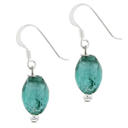 Sterling Silver Aqua Blue Glass Glitter Foil Bead Oval Dangle Earrings E10226M5