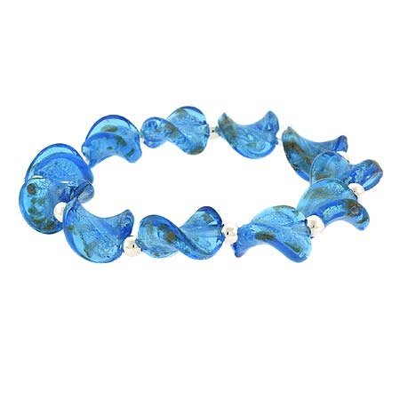 Sterling Silver Aqua Blue Glitter Twisted Foil Glass Bead Stretch Bracelet B9480M48