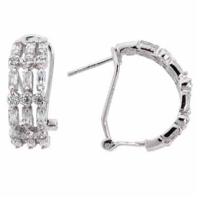 Sterling Silver Baguette & Round Cut CZ 3 Row Half-Hoop Earrings E4155