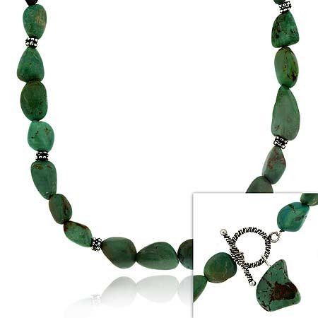 Sterling Silver Bali Bead Genuine Turquoise Stone Toggle Necklace 18 N9856TQ3