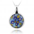 Sterling Silver Blue Millefoiri Glass Round Necklace P12489M2
