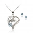 Sterling Silver Blue Topaz & Diamond Accent MOM Heart Pendant and Earrings Set S10843BT
