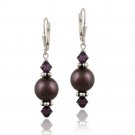 Sterling Silver Burgundy Swarovski Pearl & Crystal Dangle Leverback Earrings E12248M4