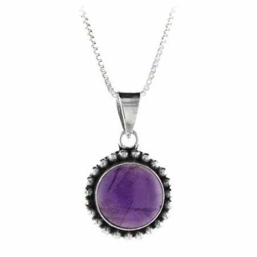 Sterling Silver Cabochon Amethyst Stone Bali Bead Round Pendant P8029CBA
